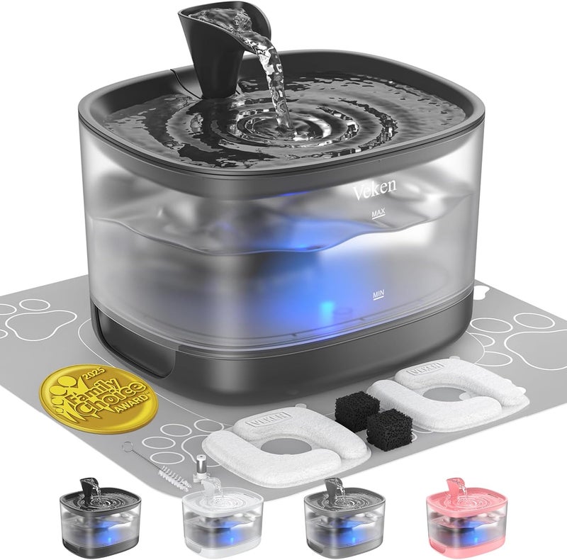 Veken Cat Water Fountain with Detachable Tank, Easy to Clean & Assemble, 84oz/2.5L Pet Drinking Dispenser with Quiet Operation & LED Light, Gifts, Cats, Dogs and Small Pets, Black - Image 1